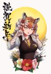  1girl animal_ear_fluff animal_ears animal_print antenna_hair bangs beleven black_hair bow breast_pocket chinese_zodiac claw_pose collared_shirt elbow_gloves eyebrows_visible_through_hair flower gloves hair_bow hair_ornament hands_up highres japari_symbol kemono_friends long_hair looking_at_viewer low-tied_long_hair multicolored_hair necktie orange_hair parted_lips pocket print_gloves reward_available shirt siberian_tiger_(kemono_friends) smile streaked_hair sweater tiger_ears tiger_print upper_body white_hair white_shirt wing_collar year_of_the_tiger yellow_eyes yellow_necktie 