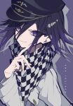  1boy absurdres bangs black_headwear black_scarf buttons character_name checkered_clothes checkered_scarf commentary_request danganronpa_(series) danganronpa_v3:_killing_harmony flipped_hair grey_background grey_jacket grey_scarf hair_between_eyes hand_up highres jacket long_fingers long_sleeves looking_at_viewer male_focus mochizuki_kei ouma_kokichi purple_background purple_hair scarf shiny shiny_hair short_hair smile solo violet_eyes 