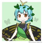  1girl antennae aqua_hair blush border brown_eyes bug butterfly butterfly_wings closed_mouth dress eternity_larva eyebrows_visible_through_hair fairy green_dress hair_between_eyes hatsune_negame leaf leaf_on_head multicolored_clothes multicolored_dress short_hair short_sleeves single_strap smile solo touhou twitter_username upper_body white_border wings 