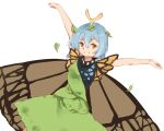  1girl antennae aqua_hair brown_eyes butterfly_wings dress eternity_larva eyebrows_visible_through_hair fairy green_dress hair_between_eyes leaf leaf_on_head multicolored_clothes multicolored_dress ranyomochi short_hair simple_background single_strap smile solo touhou white_background wings 