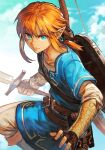  1boy bangs blonde_hair blue_eyes blue_shirt boots bow_(weapon) brown_gloves brown_pants closed_mouth clouds day earrings fingerless_gloves gloves hankuri holding holding_sword holding_weapon jewelry knee_boots link long_sleeves outdoors pants pointy_ears ponytail sheikah_slate shield shirt solo sword the_legend_of_zelda the_legend_of_zelda:_breath_of_the_wild tunic weapon 