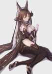  1girl animal_ears bangs breasts brown_hair closed_eyes detached_sleeves evanstan expressionless frilled_sleeves frills full_body galleon_(granblue_fantasy) granblue_fantasy highres horns large_breasts long_hair sidelocks sitting solo thigh_strap very_long_hair 