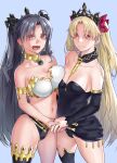  2girls armlet bangs bikini black_dress black_hair black_legwear blonde_hair blush bracelet breast_press breasts detached_sleeves dress earrings ereshkigal_(fate) fate/grand_order fate_(series) gold_trim hair_ribbon highres hoop_earrings ishtar_(fate) jewelry kouchaya_kotora long_hair looking_at_viewer medium_breasts mismatched_bikini multiple_girls navel neck_ring open_mouth parted_bangs red_eyes ribbon single_detached_sleeve single_sleeve single_thighhigh skull smile spine swimsuit thigh-highs thighlet thighs tiara two_side_up 