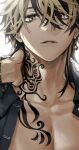  1boy absurdres earrings hand_on_own_neck hanemiya_kazutora highres jewelry looking_at_viewer mole mole_under_eye multicolored_hair nang_z1 neck_tattoo open_clothes open_shirt single_earring solo tattoo tokyo_revengers 