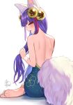  1girl animal_ears back bangs bare_back bare_shoulders barefoot bell blunt_bangs commentary_request daji_(monster_strike) feet fox_ears fox_tail from_behind hair_bell hair_ornament hair_ribbon highres kohanayuki long_hair looking_at_viewer looking_back monster_strike open_mouth purple_hair red_ribbon ribbon signature simple_background sitting soles solo tail white_background yellow_eyes 