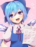  (9) 1girl :3 :d absurdres arm_up bangs black_hair blue_bow blue_dress blue_eyes blush bow breasts cirno collared_shirt commentary_request dress eyelashes hair_between_eyes hair_bow happy head_tilt highres holding holding_paper ice ice_wings niningani_ww open_mouth paper pinafore_dress pink_background red_neckwear red_ribbon ribbon shiny shiny_hair shirt short_hair simple_background small_breasts smile solo sparkle standing test tongue touhou white_shirt wing_collar wings 