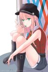  absurdres alternate_costume black_footwear boots breasts candy darling_in_the_franxx food green_eyes highres horns lollipop long_hair medium_breasts oni_horns pink_hair red_horns shorts sitting sleeveless zero_two_(darling_in_the_franxx) 