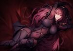  1girl armor arms_up bangs bed_sheet bodystocking bodysuit breasts commentary_request covered_navel eyebrows_visible_through_hair fate/grand_order fate_(series) feet_out_of_frame genyaky hair_between_eyes hair_intakes highres large_breasts long_hair looking_at_viewer lying on_back on_bed open_mouth parted_lips pauldrons purple_bodysuit red_eyes redhead scathach_(fate) shoulder_armor solo thighs veil very_long_hair 