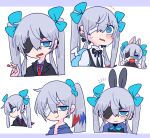 1boy angel_wings anger_vein animal_ears bandage_over_one_eye blue_bow blue_eyes blue_hair blue_shirt blush bow bowtie cigarette collared_shirt earrings eyepatch fake_animal_ears formal grey_hair hair_between_eyes hair_bow highres holding holding_cigarette jewelry long_hair looking_at_viewer low_twintails male_focus multicolored_hair multiple_views necktie op_na_yarou open_mouth original otoko_no_ko rabbit_ears red_necktie redhead rigel_(op_na_yarou) scrunchie sharp_teeth shirt smile smirk solo suit sweat teeth topless_male twintails two-tone_hair wide-eyed wings 
