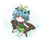  1girl antennae aqua_hair barefoot blush brown_eyes butterfly_wings chibi dress eternity_larva fairy full_body green_dress hair_between_eyes leaf leaf_on_head multicolored_clothes multicolored_dress no_mouth one-hour_drawing_challenge sacchan_happy short_hair single_strap solo touhou wings 