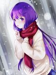  1girl blush commentary doki_doki_literature_club hair_ornament hairclip highres long_hair looking_at_viewer luuluna_03 open_mouth outdoors purple_hair red_scarf scarf skirt snow solo sweater violet_eyes winter yuri_(doki_doki_literature_club) 