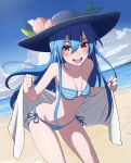  1girl :d bangs bare_shoulders beach bent_over bikini black_headwear blue_bikini blue_hair blue_sky blush breasts collarbone colored_eyelashes commentary_request day feet_out_of_frame fruit_hat_ornament hair_between_eyes highres hinanawi_tenshi holding holding_towel leaf_hat_ornament long_hair looking_at_viewer lower_teeth navel nose o-ring o-ring_top ocean open_mouth outdoors peach_hat_ornament red_eyes shiny shiny_hair shiny_skin sidelocks sky small_breasts smile solo standing stomach striped striped_bikini swimsuit teeth thighs tongue touhou towel upper_teeth water yoshinatsu 
