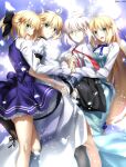  4girls artoria_pendragon_(all) artoria_pendragon_(caster) artoria_pendragon_(caster)_(fate) artoria_pendragon_(fate) bangs beret black_gloves blonde_hair blue_cape blue_headwear blush breasts buttons cape castoria double-breasted dress fate/grand_order fate/stay_night fate_(series) foo_(pixiv54892036) foo_o86 gloves green_eyes hat highres holding holding_staff hood hooded_cape long_hair long_sleeves looking_at_viewer multicolored_cape multicolored_clothes red_cape saber saber_alter saber_lily small_breasts smile solo staff twintails white_dress 
