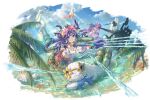  3girls :d blue_eyes blue_sky clouds clover_theater commentary_request day double_bun flower flower_bracelet flower_necklace head_wreath highres holding holding_water_gun jewelry lamia lily_(clover_theater) long_hair looking_at_viewer midriff monster_girl multiple_girls necklace observerz ocvilla_(clover_theater) official_art outdoors palm_leaf purple_hair scylla shirt sky sleeveless sleeveless_shirt smile snake_hair starfish statue water water_gun white_shirt 
