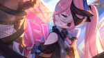2girls :o bare_shoulders black_gloves black_jacket blue_eyes brick_wall crossed_arms gloves graffiti hair_ornament highres honkai_(series) honkai_impact_3rd horns jacket long_hair long_tail looking_at_viewer looking_to_the_side multiple_girls official_art open_mouth outdoors pink_hair ponytail rozaliya_olenyeva rozaliya_olenyeva_(fervent_tempo) seele_vollerei seele_vollerei_(swallowtail_phantasm) tail thick_eyebrows
