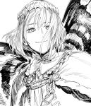  1boy absurdres bangs butterfly_wings cape closed_mouth crown diamond_hairband fate/grand_order fate_(series) fur-trimmed_cape fur_trim highres insect_wings long_hair looking_at_viewer male_focus monochrome oberon_(fate) qmiqun smile solo wings 