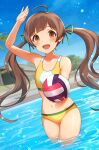 1girl :o arm_up ball bangs bare_arms blue_sky blunt_bangs blush brown_eyes brown_hair collarbone cowlick flat_chest green_ribbon hair_ribbon hakozaki_serika hanamasa_ono holding holding_ball idolmaster idolmaster_million_live! in_water light_particles looking_at_viewer navel open_mouth pool ribbon sky smile solo sparkle swimsuit tree twintails volleyball water yellow_swimsuit 