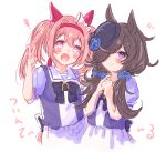  2girls :d alternate_hairstyle animal_ears bangs black_bow black_hair black_headwear blue_flower blue_rose blue_shirt blush bow closed_mouth ear_bow eyebrows_visible_through_hair flower hair_between_eyes hair_over_one_eye hair_over_shoulder hairband hands_up haru_urara_(umamusume) hat hat_flower horse_ears horse_girl horse_tail ittokyu low_twintails multiple_girls pink_hair puffy_short_sleeves puffy_sleeves red_eyes red_hairband rice_shower_(umamusume) rose school_uniform shirt short_sleeves simple_background skirt smile tail tilted_headwear tracen_school_uniform translation_request twintails umamusume v violet_eyes white_background white_bow white_skirt 