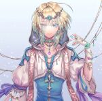  1boy arch_bishop_(ragnarok_online) bangle bangs blonde_hair blue_choker blue_coat blue_eyes blue_hair bracelet choker closed_mouth coat commentary_request cropped_jacket cross cross_necklace diadem earrings expressionless eyebrows_visible_through_hair gem gradient_hair grey_background heterochromia jewelry long_sleeves looking_at_viewer male_focus medium_hair misuguu multicolored_hair multiple_earrings nail_polish necklace ragnarok_online ring solo upper_body yellow_eyes 