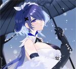  1girl arknights black_gloves blue_background blush breasts closed_mouth do2 earrings elbow_gloves expressionless eyepatch fur_shawl gloves gradient gradient_background hair_ornament hair_over_one_eye highres holding holding_umbrella jewelry large_breasts long_hair looking_at_viewer official_alternate_costume oil-paper_umbrella one_eye_covered purple_hair snowing solo tree twitter_username umbrella upper_body violet_eyes whisperain_(arknights) whisperain_(tremble_cold)_(arknights) x_hair_ornament 