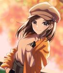  1girl bangs black_gloves blurry blurry_background brown_eyes brown_hair brown_headwear cabbie_hat closed_mouth floating_hair gloves grey_skirt hat highres idolmaster idolmaster_cinderella_girls long_hair long_sleeves looking_at_viewer parted_bangs saejima_kiyomi skirt sleeves_past_wrists smile solo sweater v3assalut white_sweater 