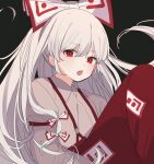  +_+ 1girl bangs bow collar collared_shirt eyebrows_visible_through_hair eyes_visible_through_hair fujiwara_no_mokou grey_background grey_hair grey_shirt hair_between_eyes hair_bow highres juliet_sleeves long_hair long_sleeves looking_at_viewer multicolored_bow ofuda ofuda_on_clothes open_mouth pants puffy_long_sleeves puffy_sleeves red_bow red_eyes red_pants shirt simple_background sitting solo star_(symbol) touhou white_bow white_hair yurui_tuhu 