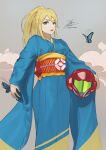  1girl blonde_hair blue_butterfly blue_kimono bug butterfly commentary fadingz green_eyes grey_background headwear_removed helmet helmet_removed highres japanese_clothes kimono lips long_hair long_sleeves metroid mole mole_under_mouth obi parted_lips ponytail samus_aran sash signature solo v-shaped_eyebrows 