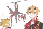  1boy 1other ? absurdres blonde_hair boots confused english_commentary english_text full_body genshin_impact gloves green_eyes highres kimchi15922858 male_focus multiple_views polearm red_shirt ribbon shirt short_hair spear thoma_(genshin_impact) trophy weapon white_background 