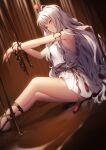 1girl armlet bangs bare_shoulders bracelet breasts caren_hortensia caren_hortensia_(amor_caren) chain character_name chocolate collarbone commentary_request dress eyebrows_visible_through_hair fate/grand_order fate_(series) feet_out_of_frame from_side genyaky heart highres jewelry long_hair looking_at_viewer medium_breasts short_dress sideways_glance sleeveless sleeveless_dress solo thighs very_long_hair wavy_hair white_dress white_hair yellow_eyes 