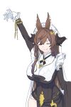  1girl animal_ears arm_up asymmetrical_clothes bangs breasts brown_hair closed_eyes detached_sleeves eudoxia eyebrows_visible_through_hair frilled_sleeves frills galleon_(granblue_fantasy) gameplay_mechanics gloves granblue_fantasy highres horns large_breasts long_hair multicolored_hair solo streaked_hair very_long_hair white_background white_gloves 