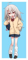  1girl ahoge bag commentary elena_trafalgar gyaru hair_ornament hairclip hand_in_pocket highres ikune_juugo kneehighs kogal loafers long_hair loose_socks open_mouth original red_eyes school_bag school_uniform shoes silver_hair simple_background solo tamagotchi 