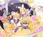  1boy 1girl arm_warmers bangs black_collar blonde_hair blue_eyes blue_ribbon bouquet bow collar commentary container crop_top envelope flower gold_trim grey_collar grey_shorts grin hair_bow hair_ornament hairclip headphones holding holding_bouquet holding_envelope in_container kagamine_len kagamine_rin looking_at_viewer necktie open_mouth orange_flower outstretched_arm pink_flower purple_flower ribbon sailor_collar school_uniform sheet_music shirt short_hair short_ponytail short_shorts short_sleeves shorts sleeveless sleeveless_shirt smile spiky_hair standing suzumi_(fallxalice) swept_bangs vocaloid white_bow white_shirt yellow_flower yellow_necktie 