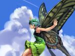  1girl antennae aqua_hair brown_eyes butterfly_wings clouds cloudy_sky day dress eternity_larva fairy feet_out_of_frame green_dress hair_between_eyes leaf leaf_on_head multicolored_clothes multicolored_dress open_mouth short_hair short_sleeves single_strap sky solo tandori_tsubasa touhou wings 
