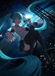  1girl absurdly_long_hair absurdres aqua_eyes aqua_hair bare_shoulders black_legwear black_skirt blue_eyes blue_hair commentary detached_sleeves earth_(planet) floating hatsune_miku headphones headset highres holding holding_microphone long_hair microphone music necktie night night_sky open_mouth planet pleated_skirt singing skirt sky sleeveless smile solo space star_(sky) thigh-highs twintails vertigris very_long_hair vocaloid zero_gravity 