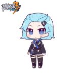  1girl bangs black_footwear black_jacket black_legwear black_necktie black_shorts blue_eyes blue_hair blush_stickers boots chibi closed_mouth eta forehead full_body hair_ornament hairpin honkai_(series) honkai_impact_3rd jacket knee_boots lieserl_albert_einstein long_sleeves looking_at_viewer necktie official_art polo_shirt shirt short_hair shorts simple_background solo thigh-highs white_background white_shirt 