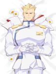  1boy blonde_hair closed_eyes closed_mouth flower gloves jacket kray_foresight lying male_focus muscular muscular_male on_back pants pectorals promare shirt short_hair smile solo white_6606 white_gloves 