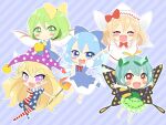  5girls american_flag_dress american_flag_legwear antennae aqua_hair barefoot blonde_hair blue_bow blue_dress blue_eyes blue_hair blush_stickers bow butterfly_wings capelet cirno closed_eyes closed_mouth clownpiece collared_shirt daiyousei detached_wings diagonal_stripes dress eternity_larva eyebrows_visible_through_hair fairy fairy_wings full_body green_dress green_eyes green_hair hair_between_eyes hair_bow hat highres holding holding_torch ice ice_wings jester_cap leaf leaf_on_head lily_white long_hair long_sleeves multicolored_clothes multicolored_dress multiple_girls open_mouth orange_eyes ougi_hina outstretched_arms pantyhose parody polka_dot_headwear puffy_short_sleeves puffy_sleeves purple_headwear rilu_rilu_fairilu round_teeth shirt short_hair short_sleeves side_ponytail single_strap smile spread_arms star_(symbol) star_print striped striped_background striped_dress striped_legwear style_parody teeth torch touhou upper_teeth violet_eyes white_capelet white_dress white_headwear white_shirt wings 