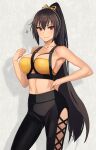  1girl alternate_costume alternate_hairstyle black_hair black_pants breasts brown_eyes closed_mouth collarbone eyebrows_visible_through_hair feet_out_of_frame hair_between_eyes hair_ribbon hand_on_hip highres kantai_collection kasumi_(skchkko) large_breasts long_hair nagato_(kancolle) navel pants ponytail ribbon smile solo sparkle yellow_ribbon 