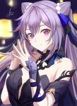  1girl 2021 absurdres bare_shoulders black_bow blush bow breasts danielian1993 detached_collar double_bun genshin_impact hair_bun hair_ornament highres keqing_(genshin_impact) keqing_(opulent_splendor)_(genshin_impact) looking_at_viewer nail_polish purple_hair purple_nails signature smile twintails upper_body violet_eyes 