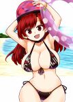  1girl bangs beach bikini black_bikini breasts chain clothes_writing commentary_request eyebrows_visible_through_hair hecatia_lapislazuli innertube large_breasts long_hair looking_at_viewer ocean open_mouth polos_crown purple_innertube red_eyes redhead sky smile solo swimsuit touhou transparent zetsumame 