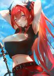  1girl absurdres arknights armpits arms_behind_head arms_up bangs belt black_belt black_choker black_shirt blush breasts choker eyebrows_visible_through_hair hair_tie_in_mouth highres horns jewelry large_breasts long_hair looking_at_viewer mouth_hold navel necklace outdoors redhead shaddoll_fusion shirt short_sleeves solo surtr_(arknights) tying_hair violet_eyes 