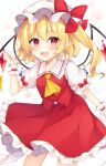  1girl :d absurdres arm_up ascot aura bangs blonde_hair blush bow buttons commentary_request crystal dot_nose eyebrows_visible_through_hair eyelashes fangs fingernails flandre_scarlet frilled_shirt_collar frilled_skirt frills hat hat_bow hat_ribbon highres looking_at_viewer medium_hair miy@ mob_cap nail_polish one_side_up open_mouth pointy_ears puffy_short_sleeves puffy_sleeves red_bow red_eyes red_nails red_ribbon red_skirt red_vest ribbon shirt short_sleeves side_ponytail sidelocks simple_background skirt slit_pupils smile solo standing teeth touhou upper_body upper_teeth vest white_background white_headwear white_shirt wings wrist_cuffs yellow_ascot 