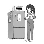  1girl barefoot commentary greyscale milk_carton monochrome original oven pants ponytail pouring refrigerator solo sweatpants towel towel_around_neck white_background yomoi_nui 