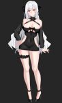  absurdres asymmetrical_bangs bangs black_bodysuit black_footwear black_sleeves bodysuit breasts covered_navel detached_sleeves high_heels highres kirin3145 large_breasts leg_garter long_hair long_sleeves mole mole_on_breast mole_under_mouth original red_eyes smile very_long_hair white_hair 