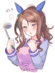  1girl :o animal_ears apron bangs blue_shirt blush bow breasts brown_hair cropped_torso eyebrows_visible_through_hair glint green_bow hair_bow hands_up holding horse_ears ittokyu king_halo_(umamusume) ladle long_hair long_sleeves one_side_up parted_lips pink_apron red_eyes school_uniform shirt signature simple_background small_breasts solo swept_bangs tracen_school_uniform translation_request umamusume upper_body v-shaped_eyebrows white_background 