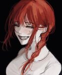 1girl black_background blush chainsaw_man closed_eyes eyebrows_visible_through_hair highres long_hair makima_(chainsaw_man) noroma02 open_mouth redhead simple_background sketch smile solo teeth tongue upper_body upper_teeth 