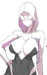  1girl bodysuit breasts covered_navel gwen_stacy hand_on_hip hood hood_up hooded_bodysuit large_breasts looking_at_viewer marvel mask sketch solo spider-gwen spider-man_(series) superhero upper_body white_background white_bodysuit xiangzi_box 
