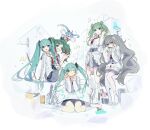  &gt;_&lt; 39 6+girls aqua_eyes aqua_hair arm_support asymmetrical_legwear banner blue_hair boots bow bucket character_print chibi closed_mouth clothes_around_waist commentary confetti dip-dyed_hair dot_mouth double_v fang furrowed_brow green_eyes green_hair grey_hair grey_skirt grin hair_bow hair_ornament hair_ribbon hand_on_hip hand_on_lap hands_up hatsune_miku heterochromia highres jacket jacket_around_waist knee_boots long_hair looking_at_viewer mincho miniskirt multicolored_hair multiple_girls multiple_persona necktie one_eye_closed open_mouth outstretched_arms paintbrush paperclip paperclip_hair_ornament pleated_skirt project_sekai red_bow red_eyes red_necktie redhead ribbon sailor_collar sitting sketch skirt smile standing star_ornament symbol-only_commentary thigh-highs twintails two-tone_hair v very_long_hair vocaloid wariza waving white_background white_jacket white_legwear 