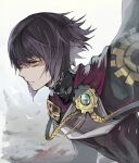  1boy bangs black_bodysuit black_hair bodysuit cape closed_mouth dated expressionless fire_emblem fire_emblem_heroes hair_between_eyes looking_to_the_side nijihayashi otr_(fire_emblem) purple_cape short_hair simple_background solo upper_body yellow_eyes 