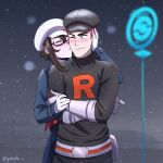  1boy 1girl blush commission crossed_arms english_commentary gabdlc glasses gloves hat highres pokemon pokemon_(game) pokemon_go pokestop team_rocket team_rocket_grunt team_rocket_uniform white_gloves 